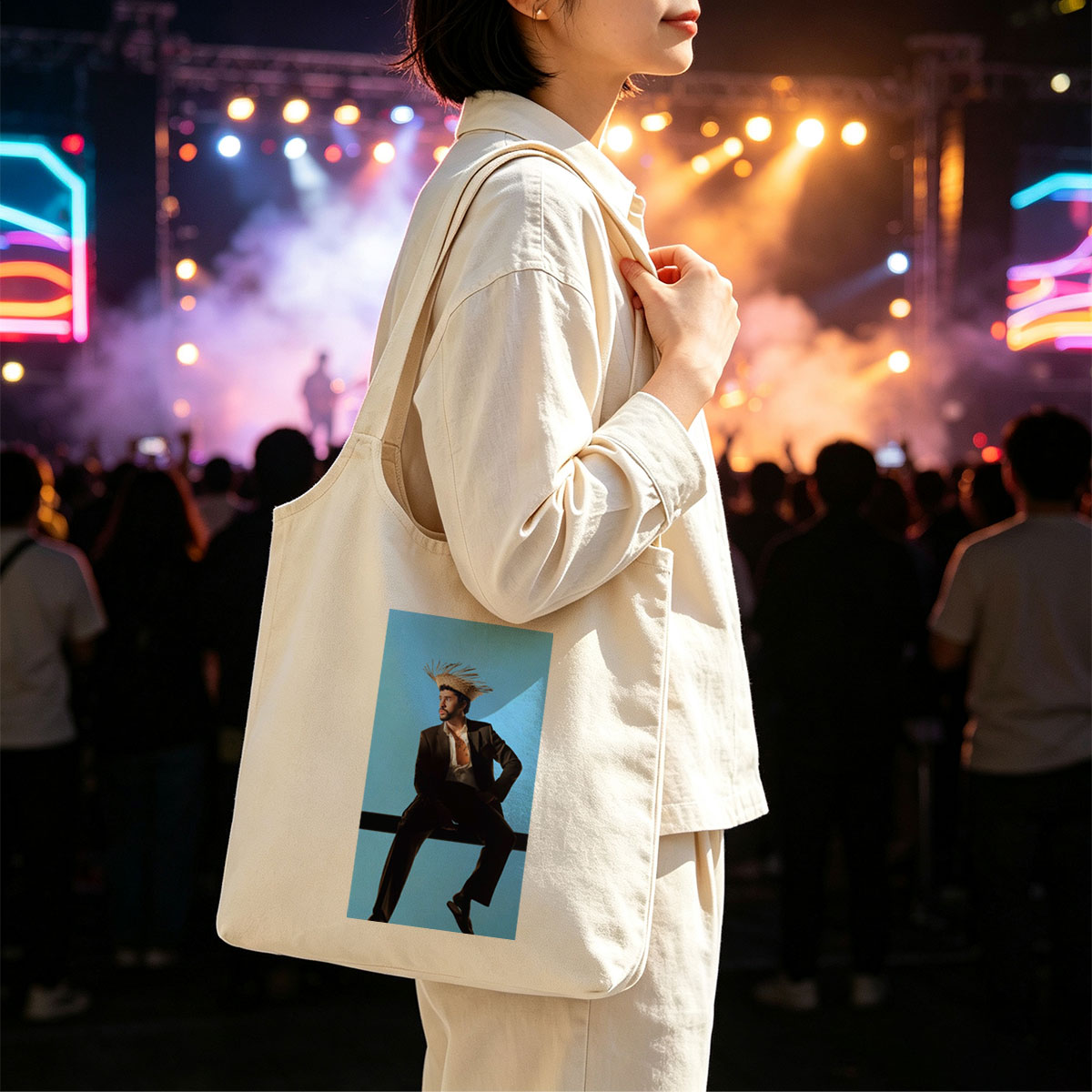 Bad Bunny in a Bold Fashion Statement Wearing a Straw Hat and Suit Against a Blue Background - Canvas shoulder bags/