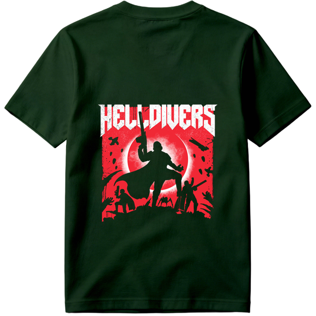 Helldivers: Silhouetted Warriors Against a Crimson Sky - Tee