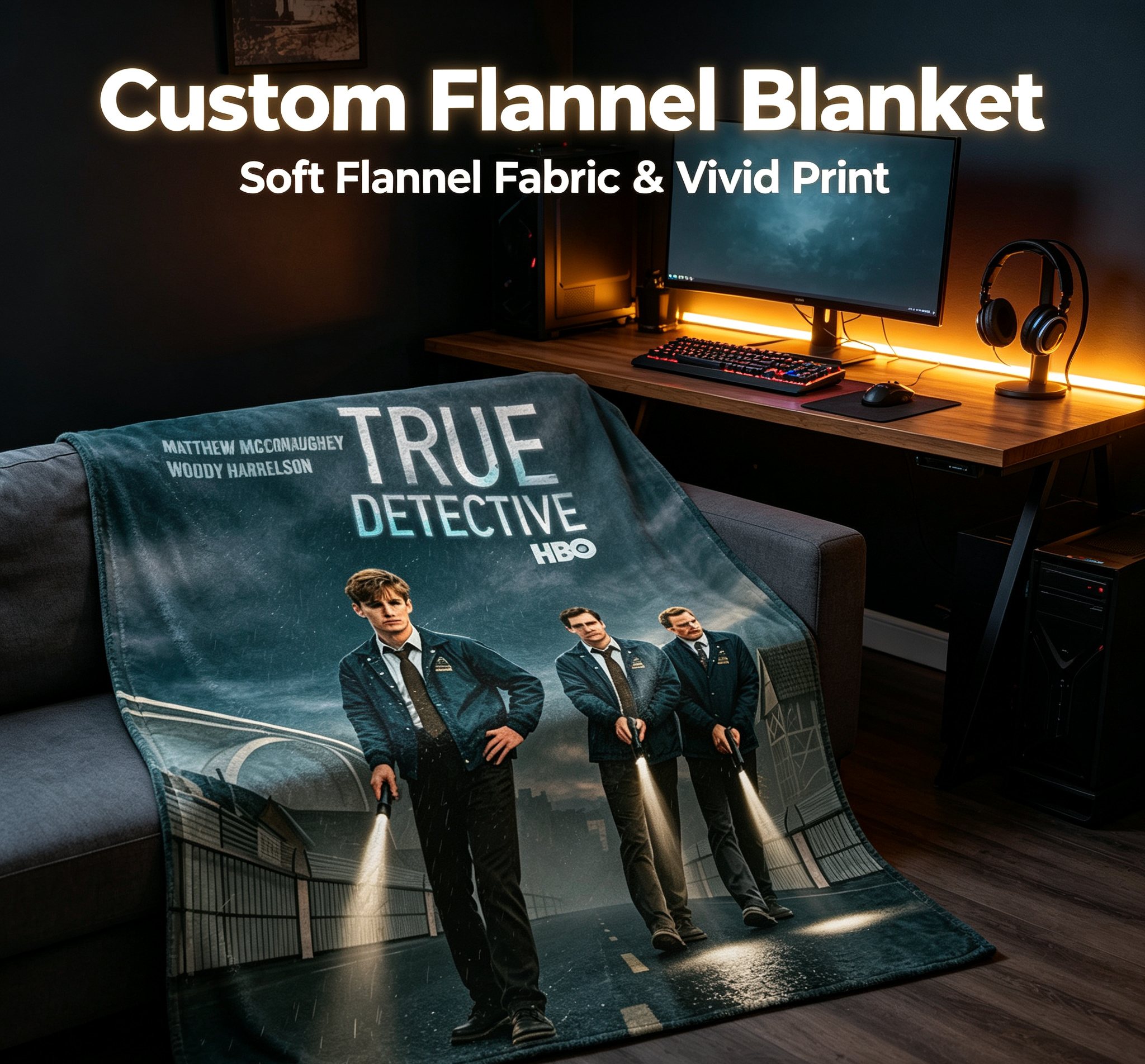Custom Face Blanket True Detective HBO Series Flannel Blanket for Couch or Bed Gift Idea for Fans and Collectors