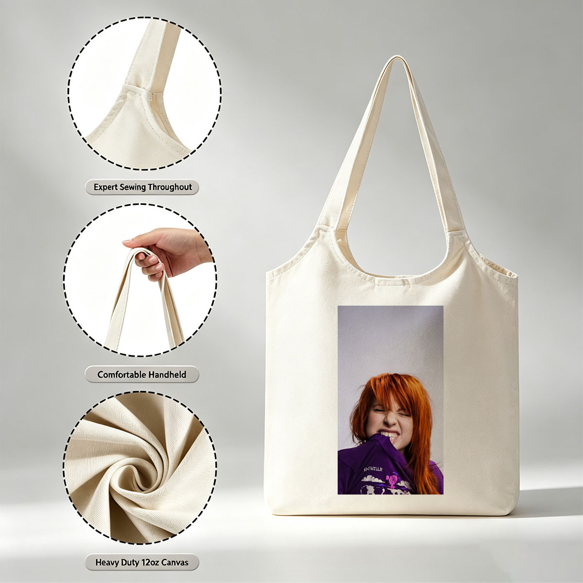 Hayley Williams from Paramore in a Playful Pose Wearing a Purple Nashville Shirt with a Vibrant Design - Canvas shoulder bags/