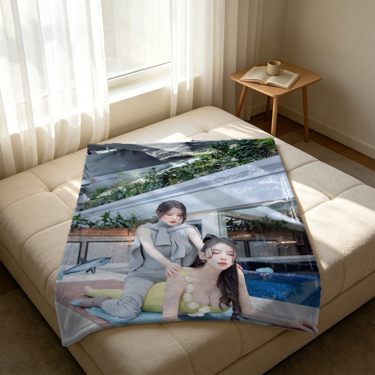 Nude Japanese AV idol sitting on bathroom counter with mirror reflection - Blanket