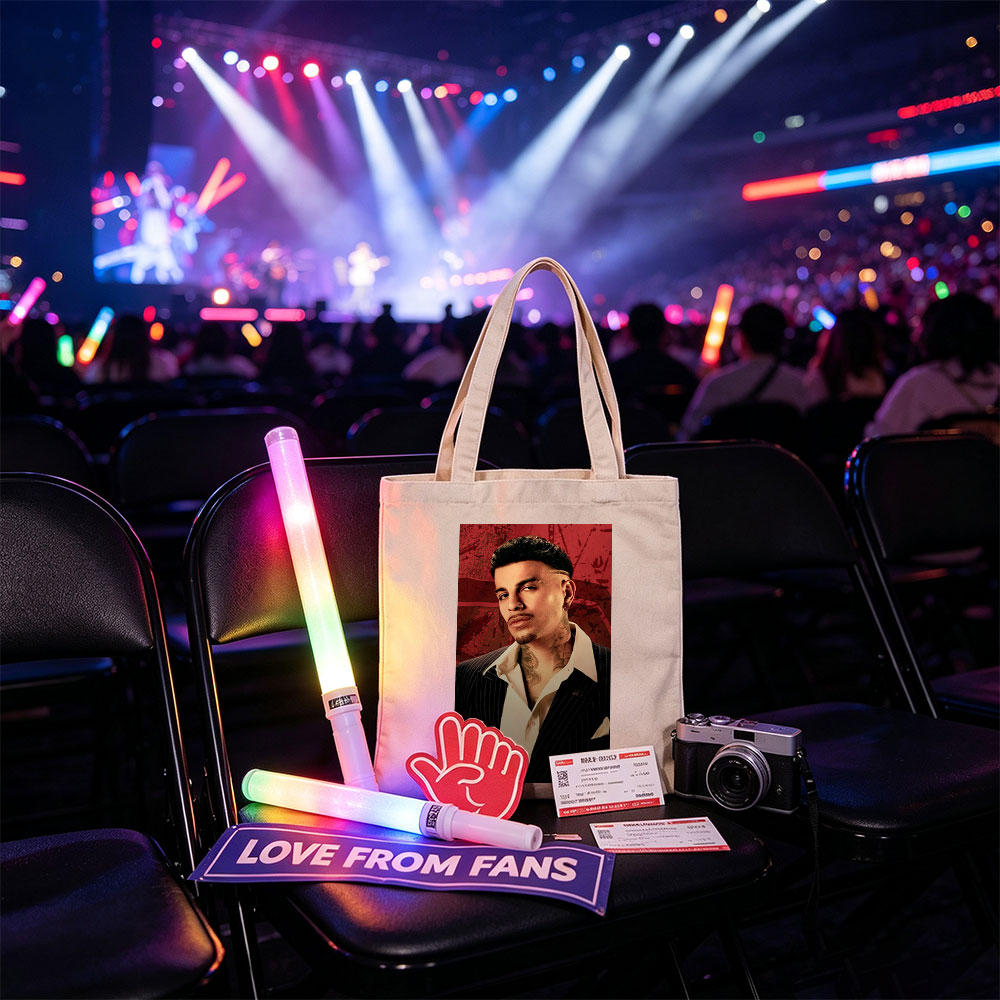Bad Bunny in a Sharp Suit with Visible Neck Tattoos Against a Red Grunge Background - Canvas tote bags