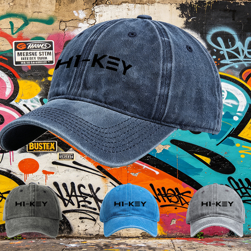 Unisex Classic Washed Cap with HI-KEY Logo Print - Casual Streetwear Hat for Outdoor Activities, Perfect for Urban Style Lovers and Fashion Enthusiasts