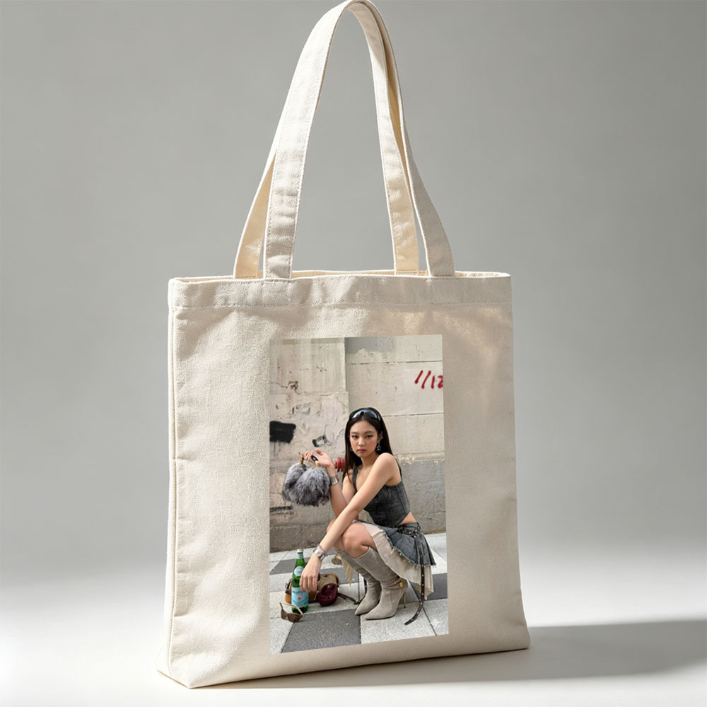 Jennie Kim Street Style Pose with Denim Outfit and Fur Bag - Canvas tote bags