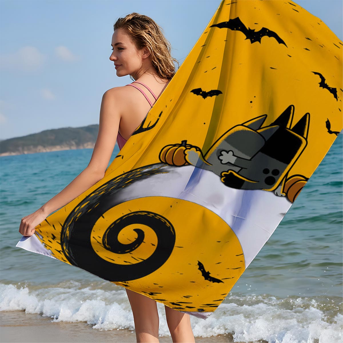 Pusheen the Cat in Halloween Moonlight with Pumpkins and Bats - Beach towels