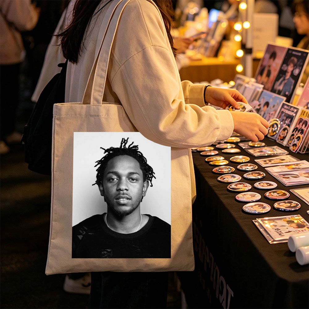 Kendrick Lamar Portrait in Black and White with Dreads and Neutral Expression - Canvas tote bags