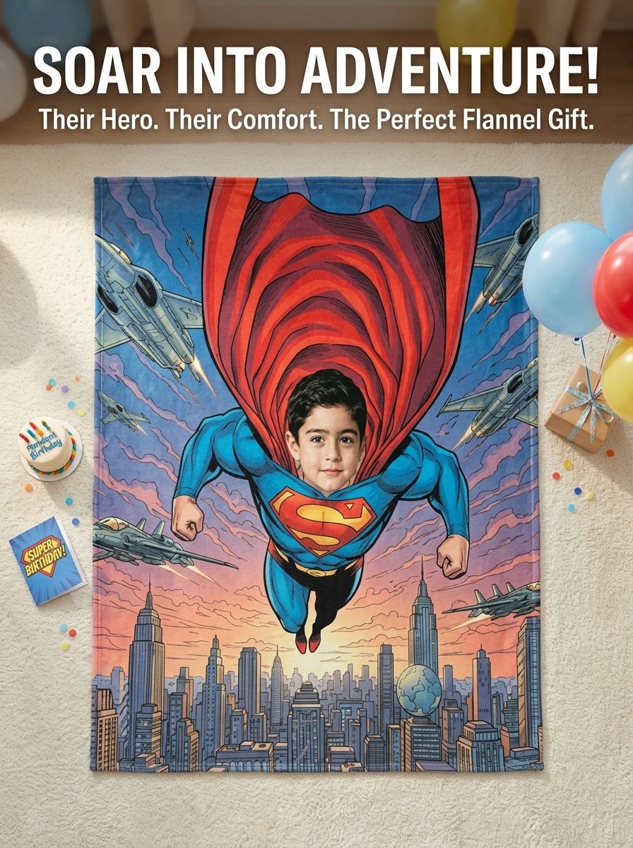 Custom Face Superhero Photo Flannel Blanket, Personalized Soft Warm Throw Blanket, Unique Gift for Kids and Comic Fans