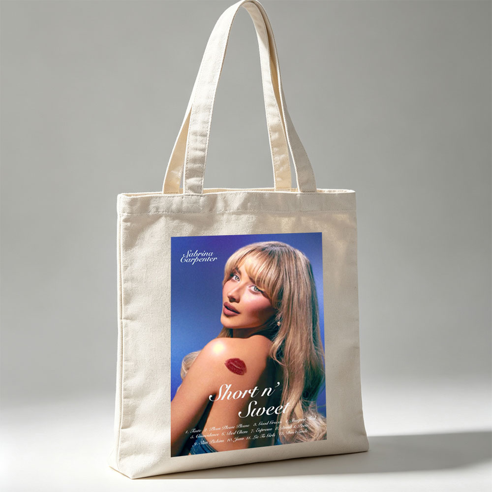 Sabrina Carpenter Album Cover Featuring Her with Lipӡ on Shoulder and Tracklist for Short n' Sweet - Canvas tote bags