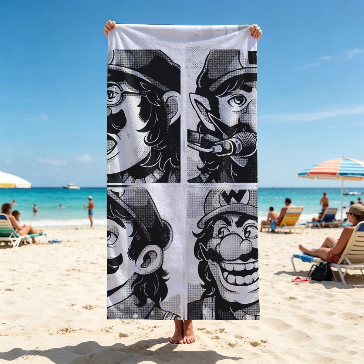 Mario, Luigi, Wario, and Waluigi in a comic-style black-and-white panel featuring expressive faces and microphones. - Beach towels