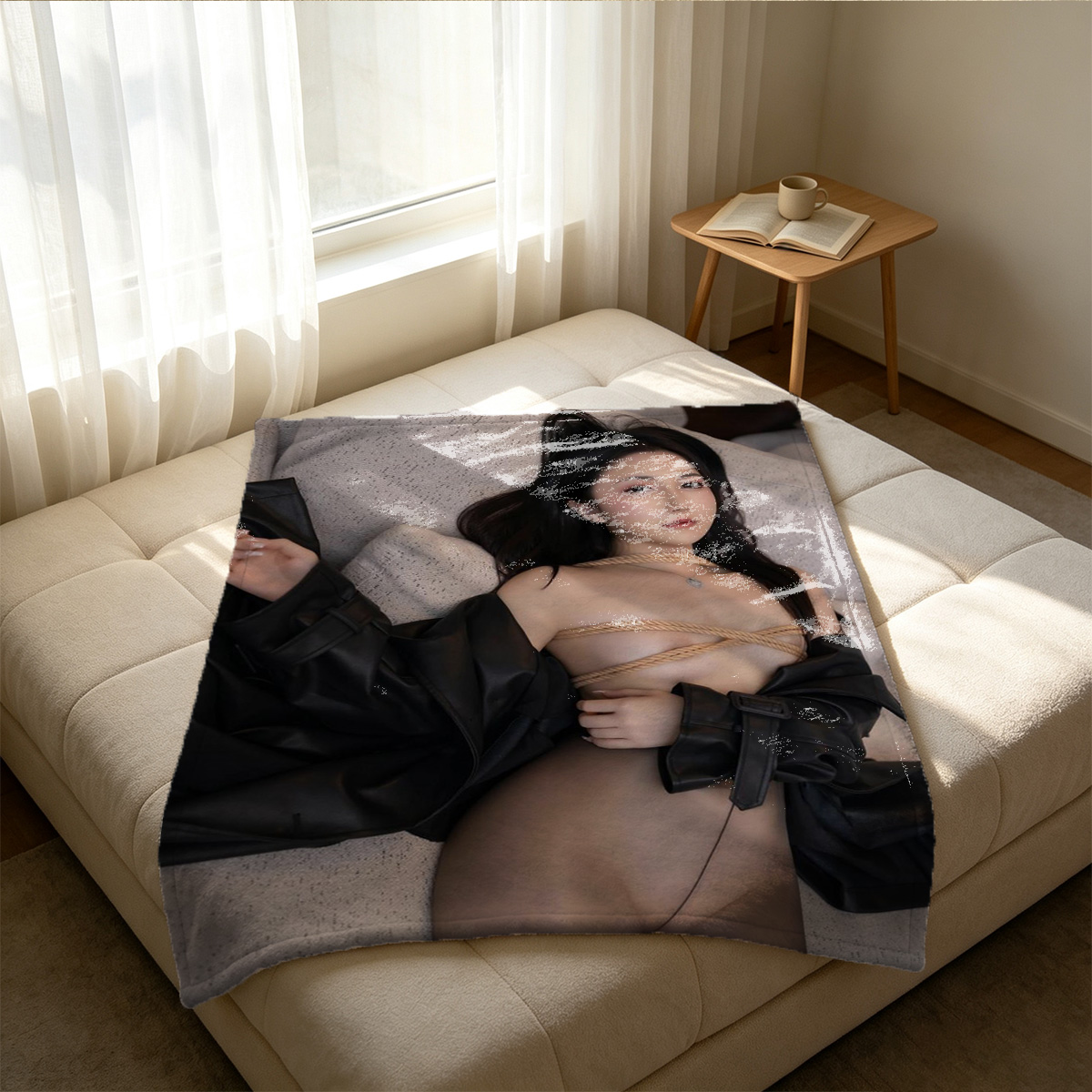 Two Women in Lingerie Embracing on White Sofa - Blanket
