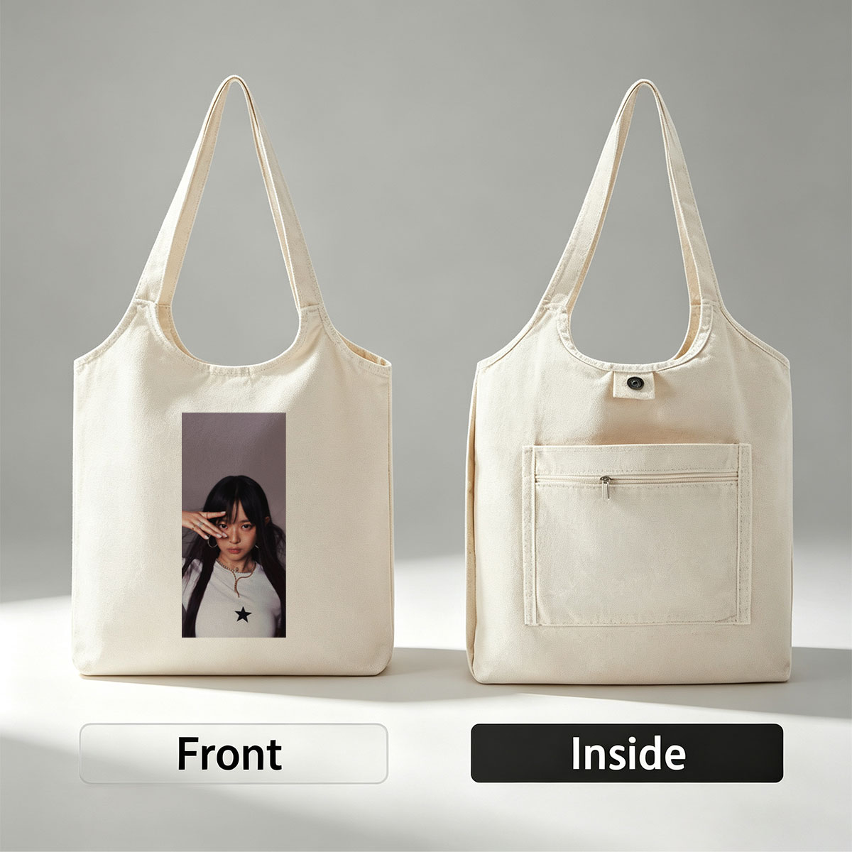 Hanni of NewJeans in a Stylish Pose with Star-Printed White Top and Elegant Jewelry - Canvas shoulder bags/