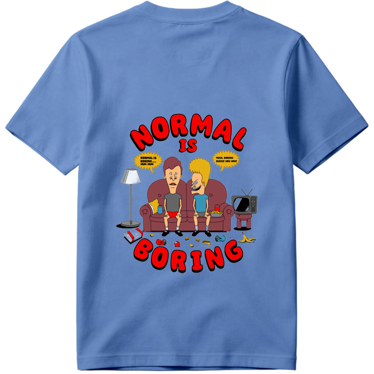 Normal Is Boring: Two Cartoon Characters on Couch with Chaos Around - Tee