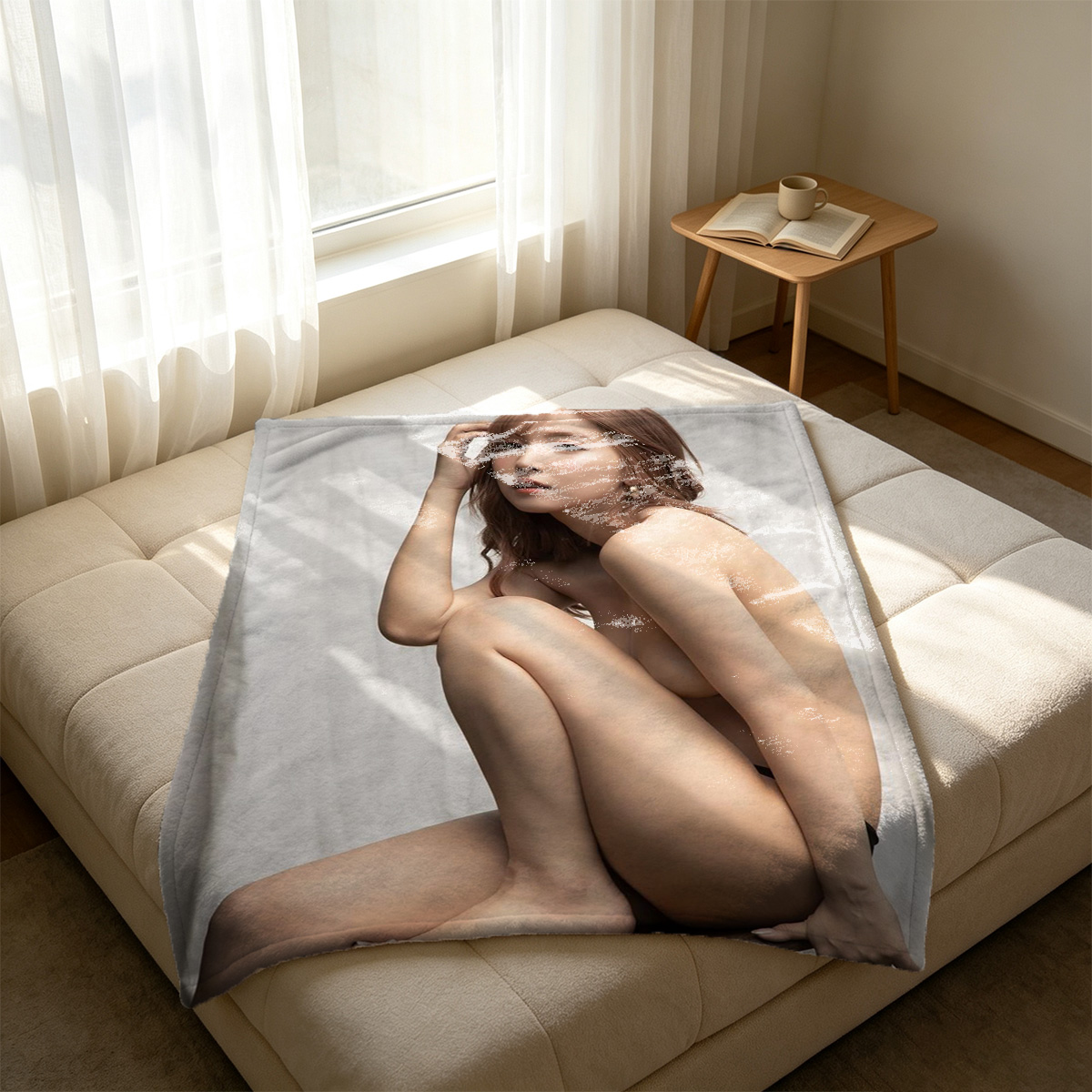 A woman in a black bodysuit posing on the floor. - Blanket