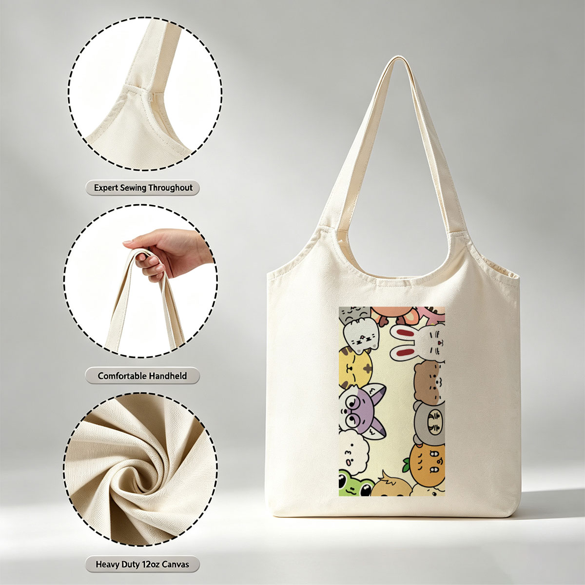 Cute Cartoon Characters in a Playful Pattern with Whimsical Expressions and Bright Colors - Canvas shoulder bags/