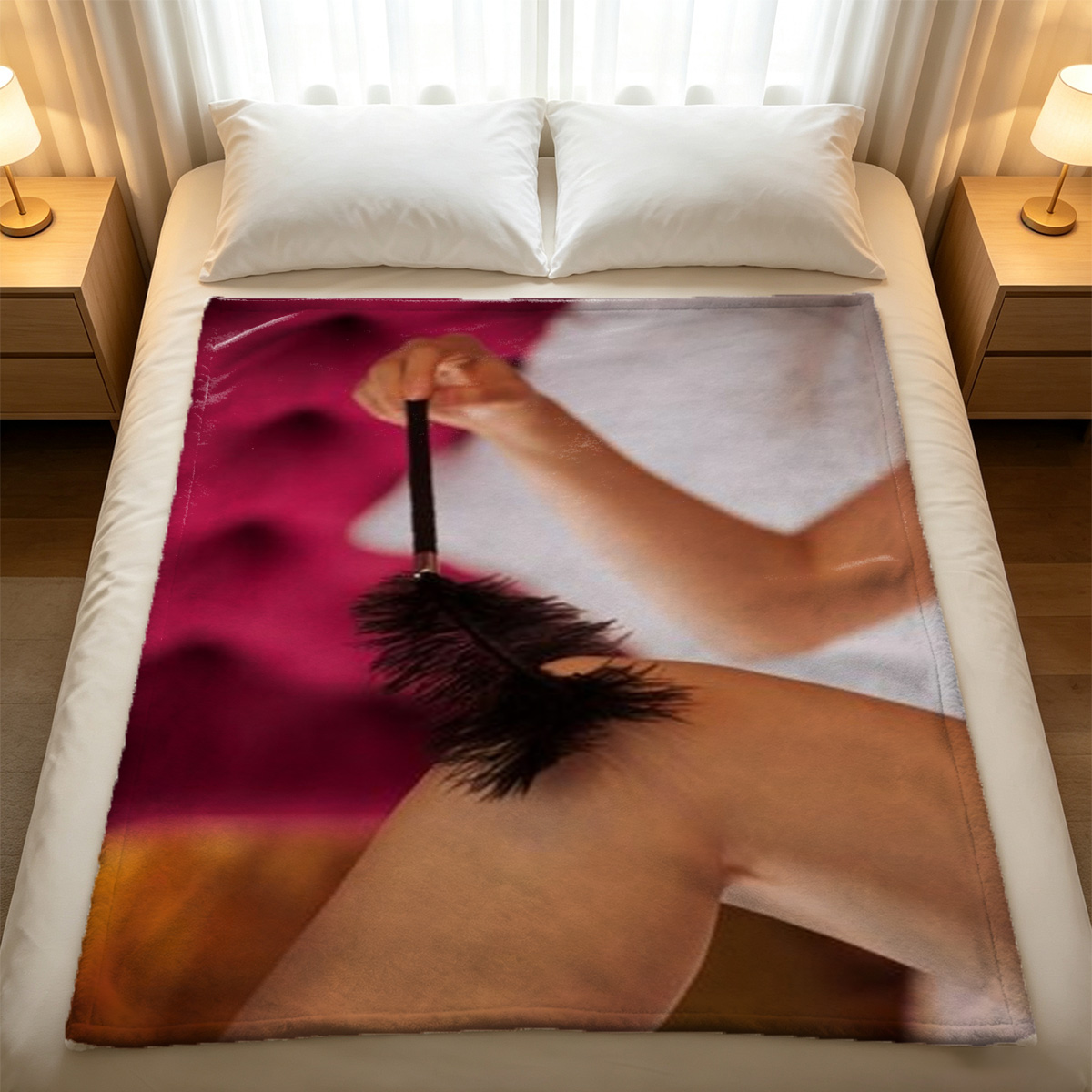 Naked Woman in Pink Lingerie and Neon Heels on Couch - Blanket