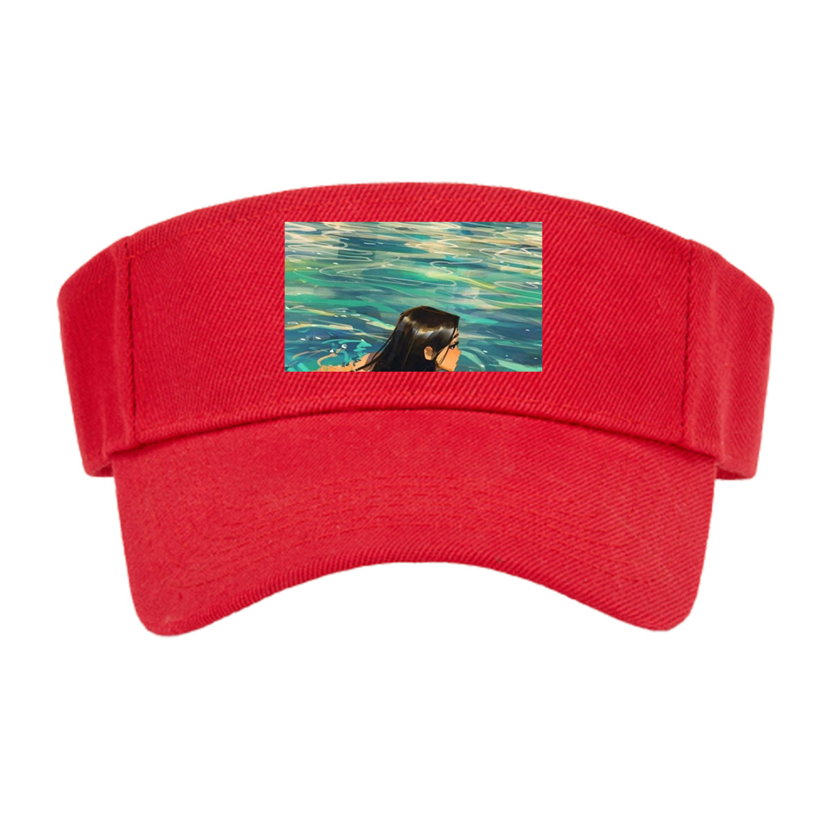 Woman swimming in clear blue water near rocky shore -  Visor cap