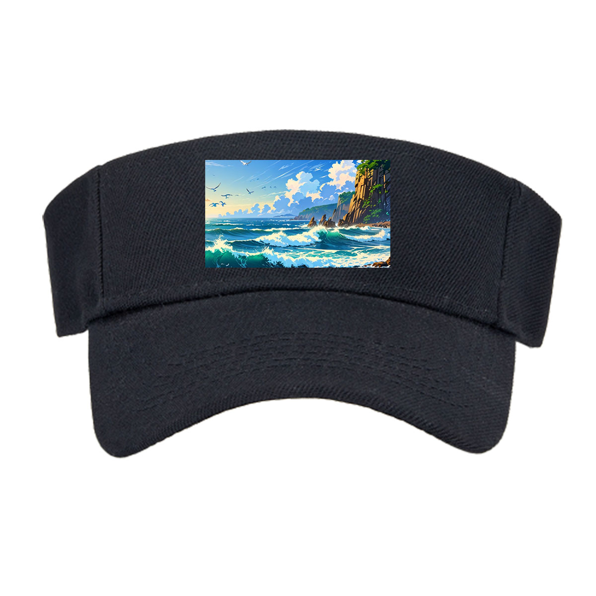 Ocean Waves Crashing Against Rocky Coastline Under Blue Sky -  Visor cap
