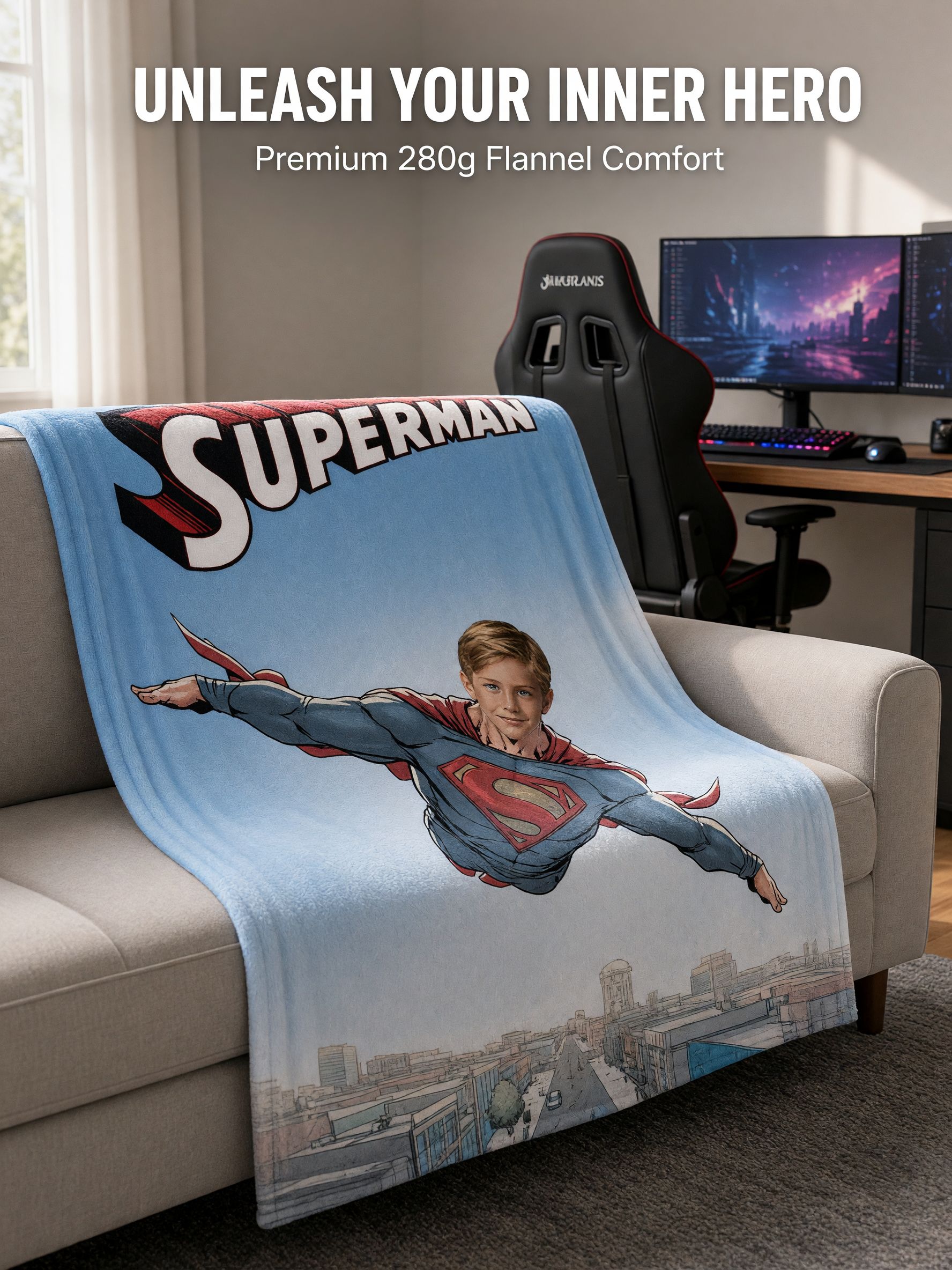 Custom Photo Superhero Flannel Fleece Blanket Personalized Face Graphic Soft Cozy Throw for Bed Couch and Travel Ideal