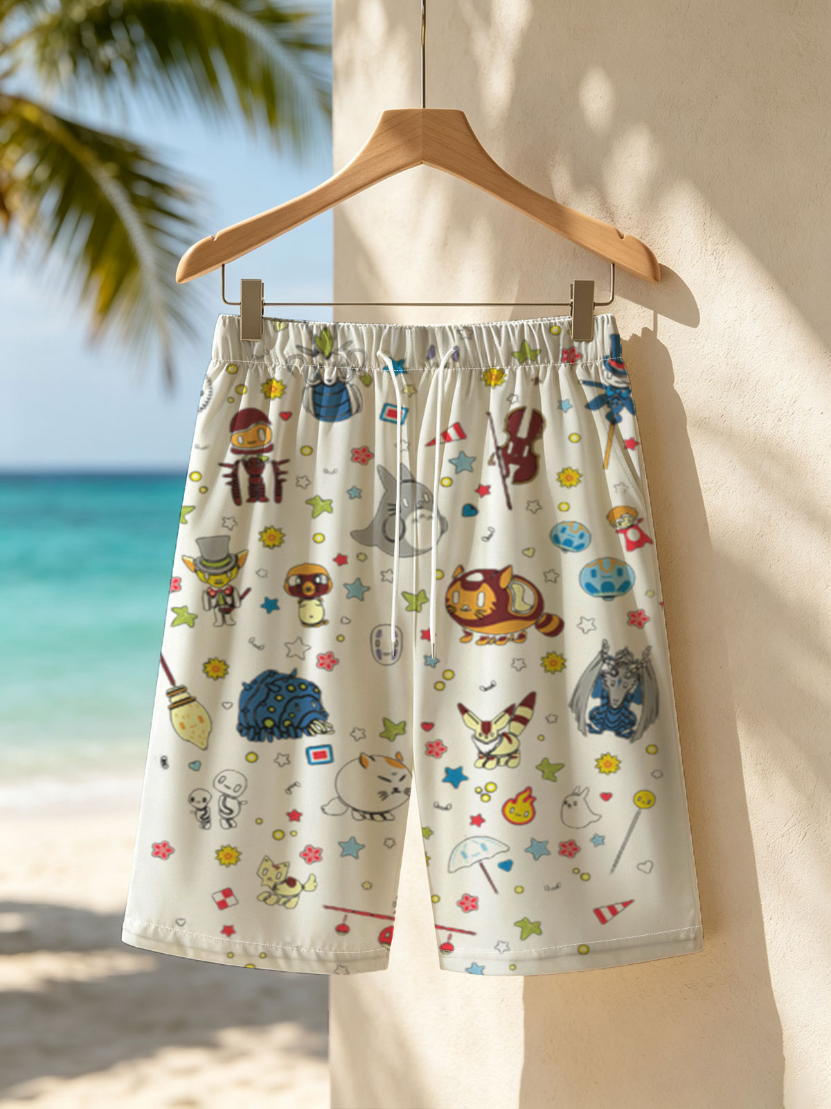 Totoro, Pikachu, and Studio Ghibli Characters in a Starry Night Parade -  Beach shorts