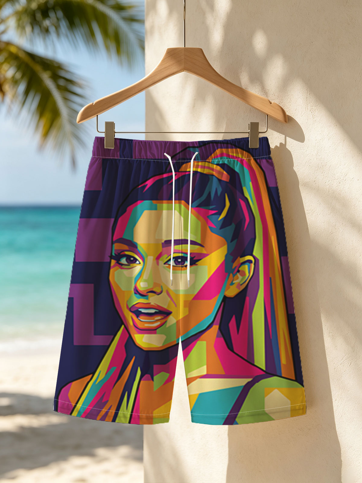 Pop Art Portrait of a Colorful Female Celebrity -  Beach shorts