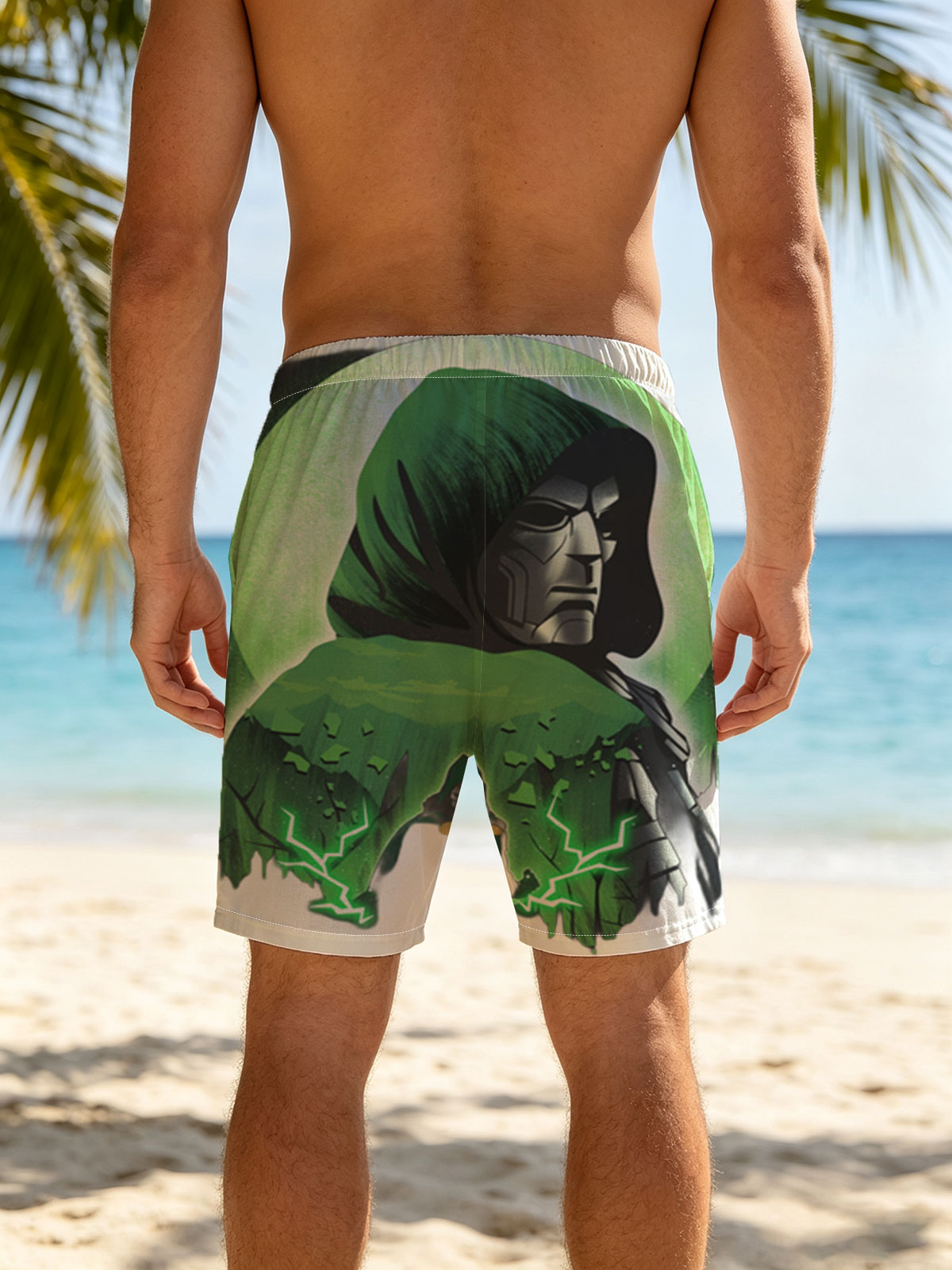 Doctor Doom and Doctor Strange in a mystical confrontation, green energy crackling between them against a glowing moon backdrop. -  Beach shorts