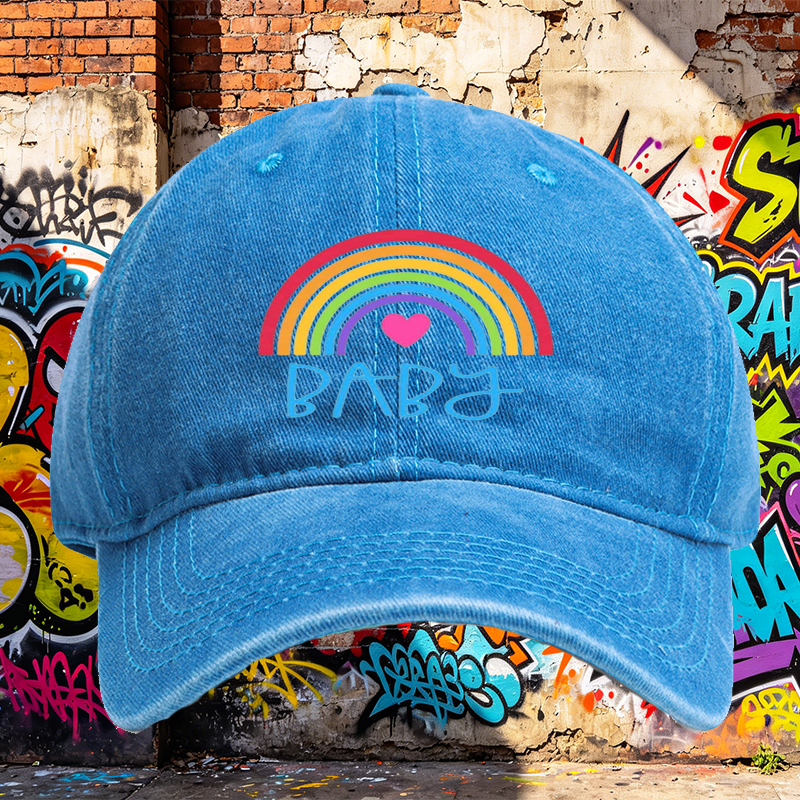 Unisex Classic Washed Cap with Rainbow Heart Baby Print | Casual Streetwear Hat for Adults and Teens | Perfect for Daily Wear, Outdoor Activities, and Fashion Statements