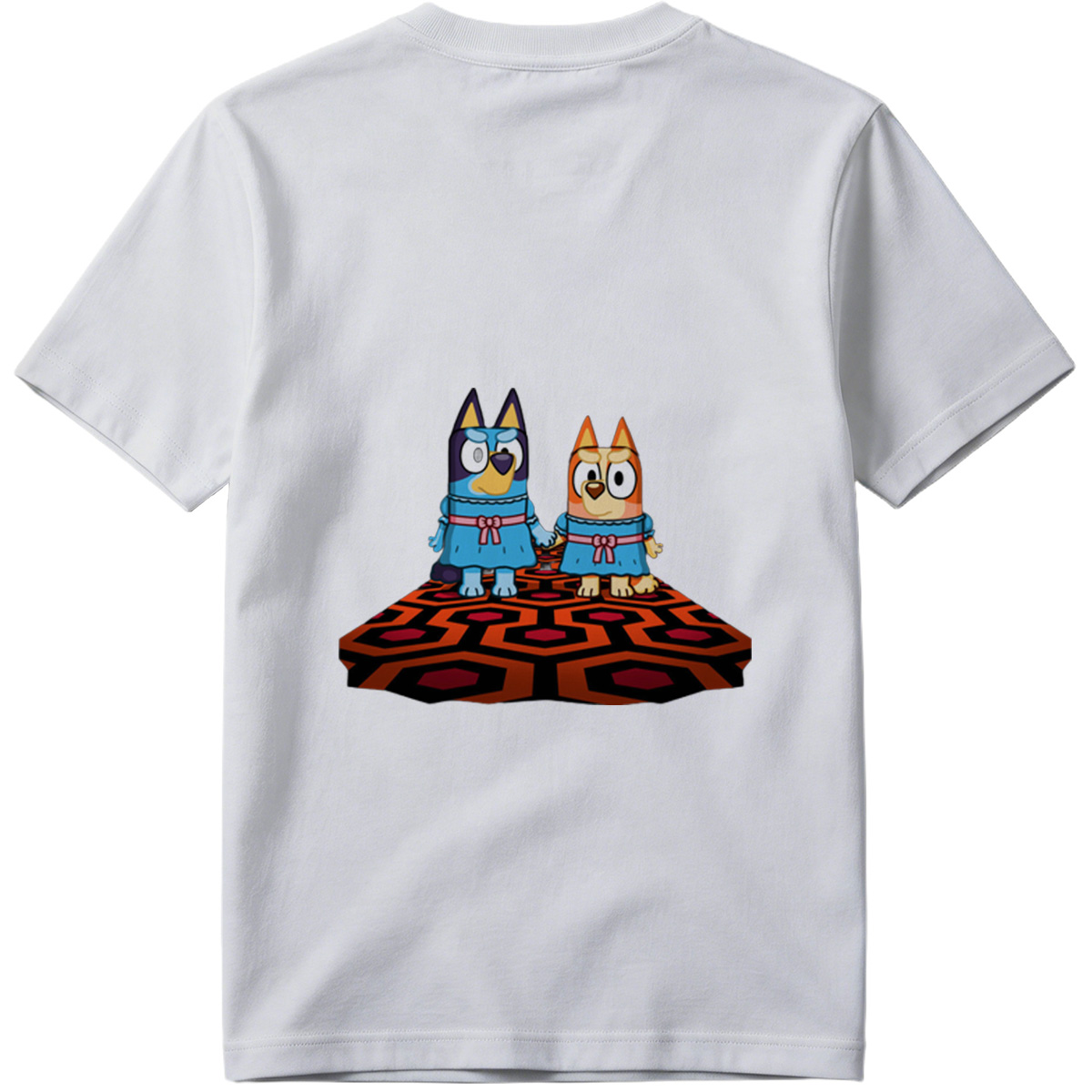Bluey and Bingo in Matching Dresses on a Patterned Rug - Tee