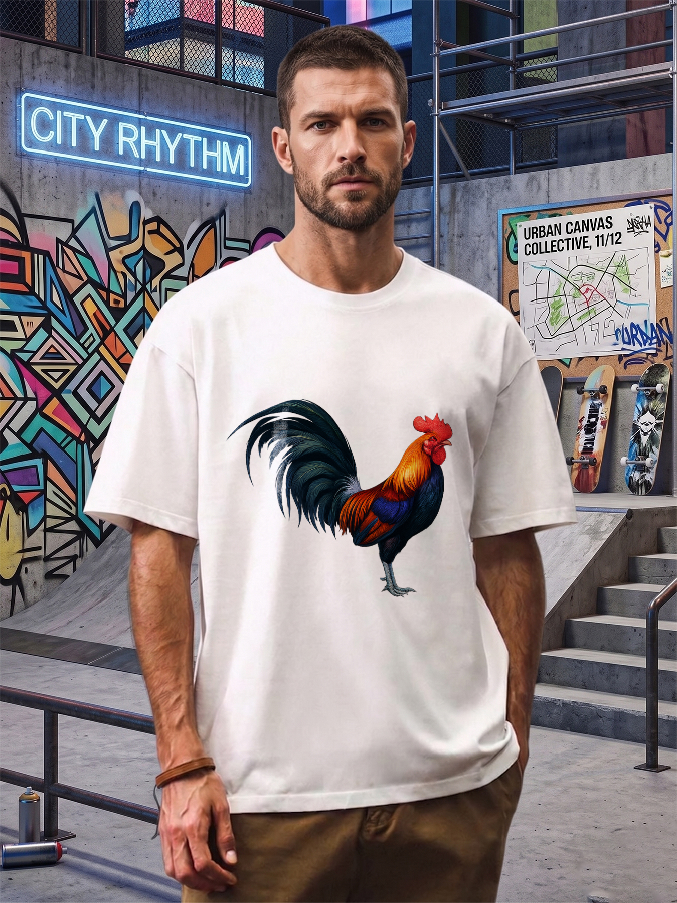 Men's Printed T-Shirt Rooster Design Colorful Bird Graphic Casual Round Neck Summer Lightweight Breathable Short Sleeve T-Shirt for Outdoor Activities and Daily Wear Adults
