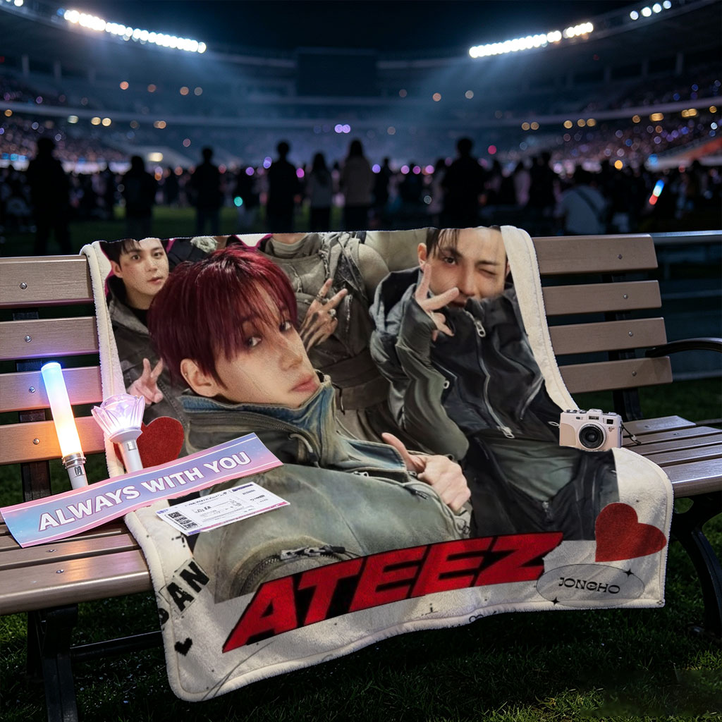 ATEEZ Group Photo Featuring Members in Stylish Outfits with Heart and Name Decorations - Blankets