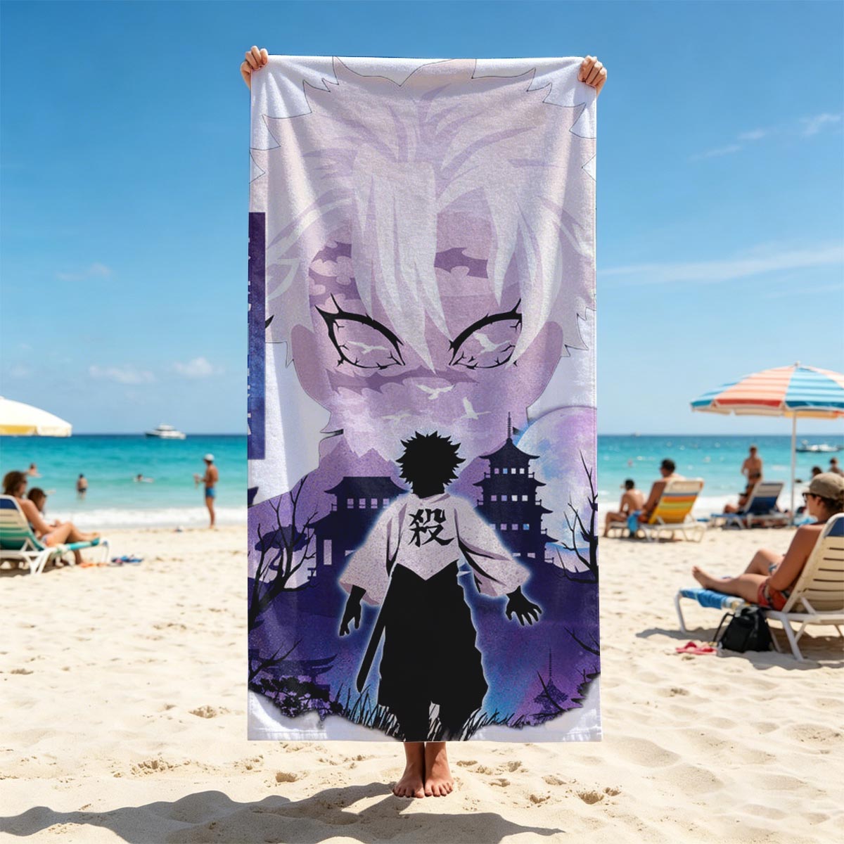 Demon Slayer: Tanjiro and Muichiro Tokito in Moonlit Village - Beach towels