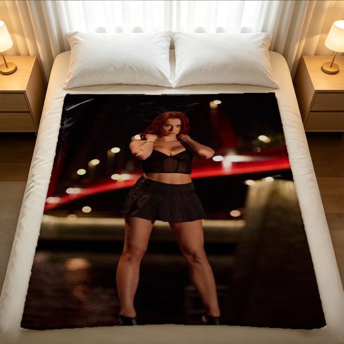 A seductive Asian beauty in black lace babydoll lingerie posing on a floral couch. - Blanket