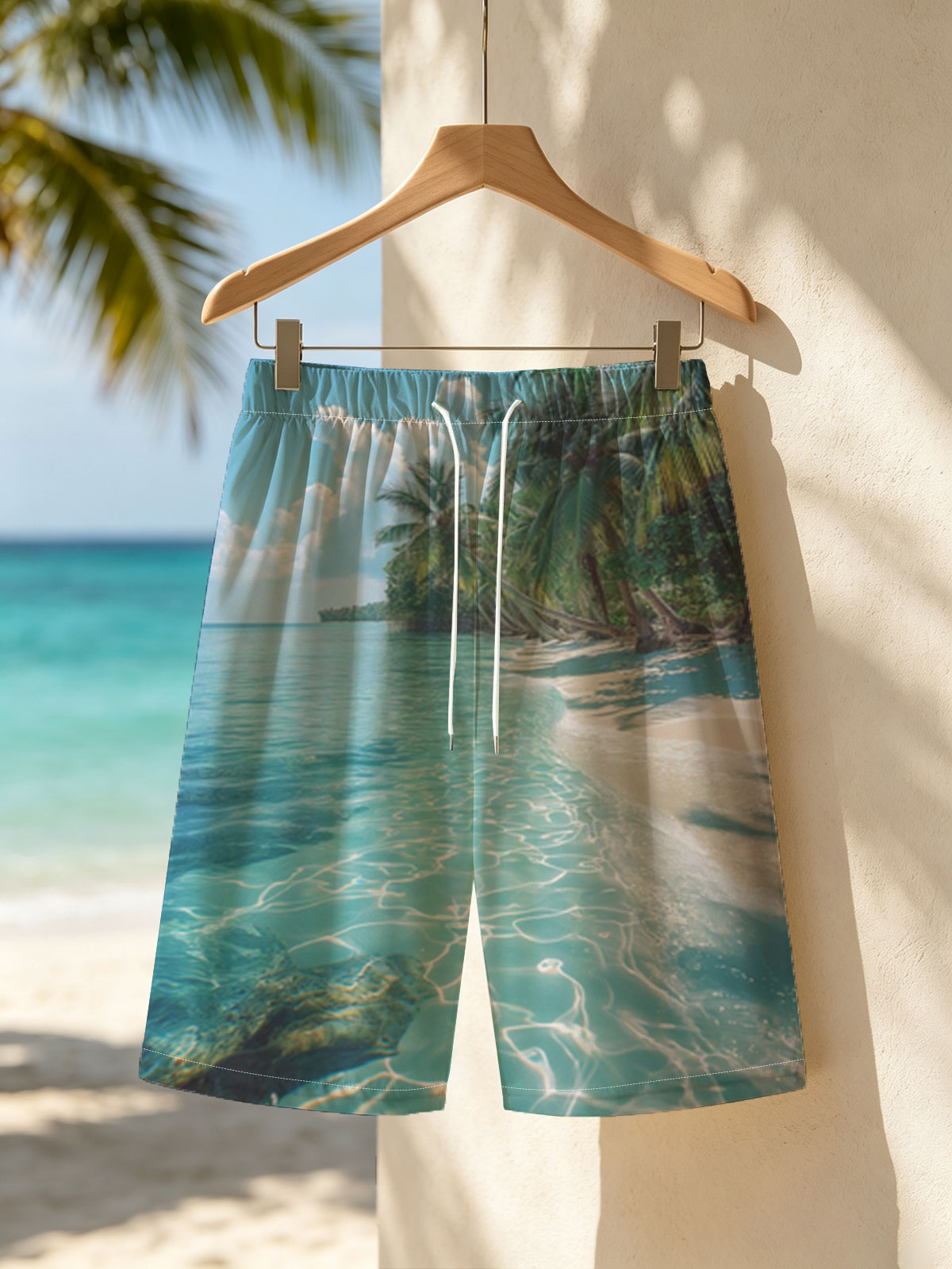 Crystal Clear Waters and Palm Trees on a Tropical Beach -  Beach shorts