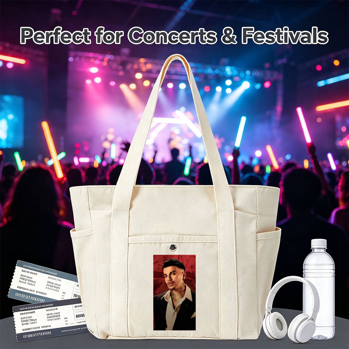 Bad Bunny in a Sharp Suit with Visible Neck Tattoos Against a Red Grunge Background - Multi-pocket bags
