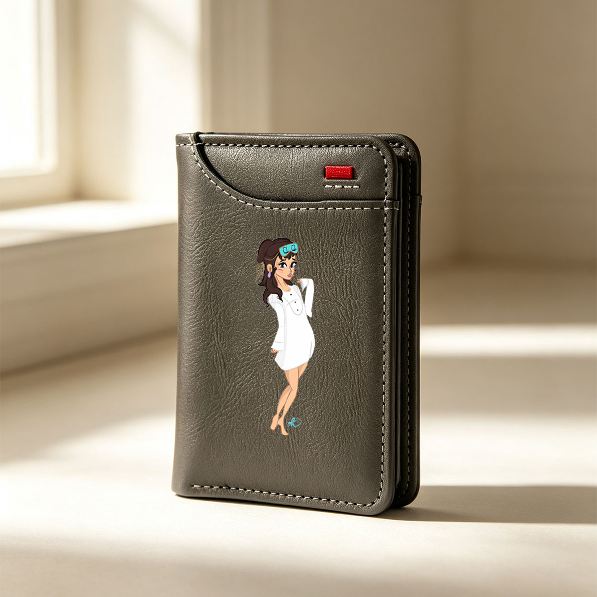 Cartoon Woman in White Dress with Goggles and Purple Earrings - Vertical Style Wallet