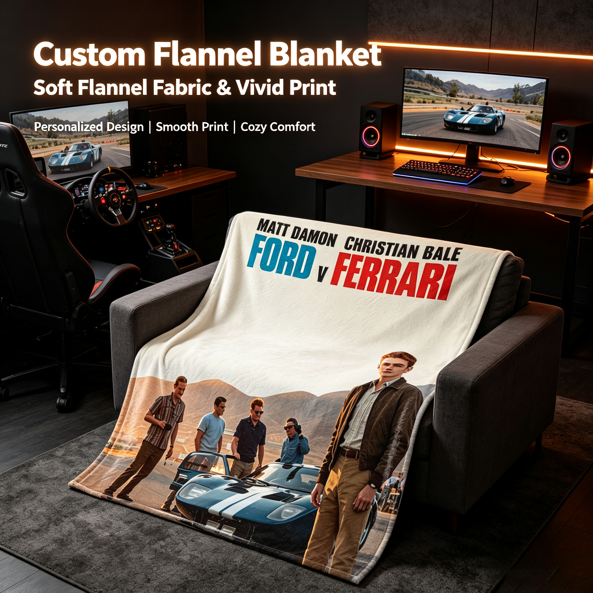 Custom Face Blanket Ford v Ferrari Movie Poster Flannel Blanket for Car Enthusiasts and Movie Fans – Perfect Gift or Giveaway for Racing and Classic Film Lovers