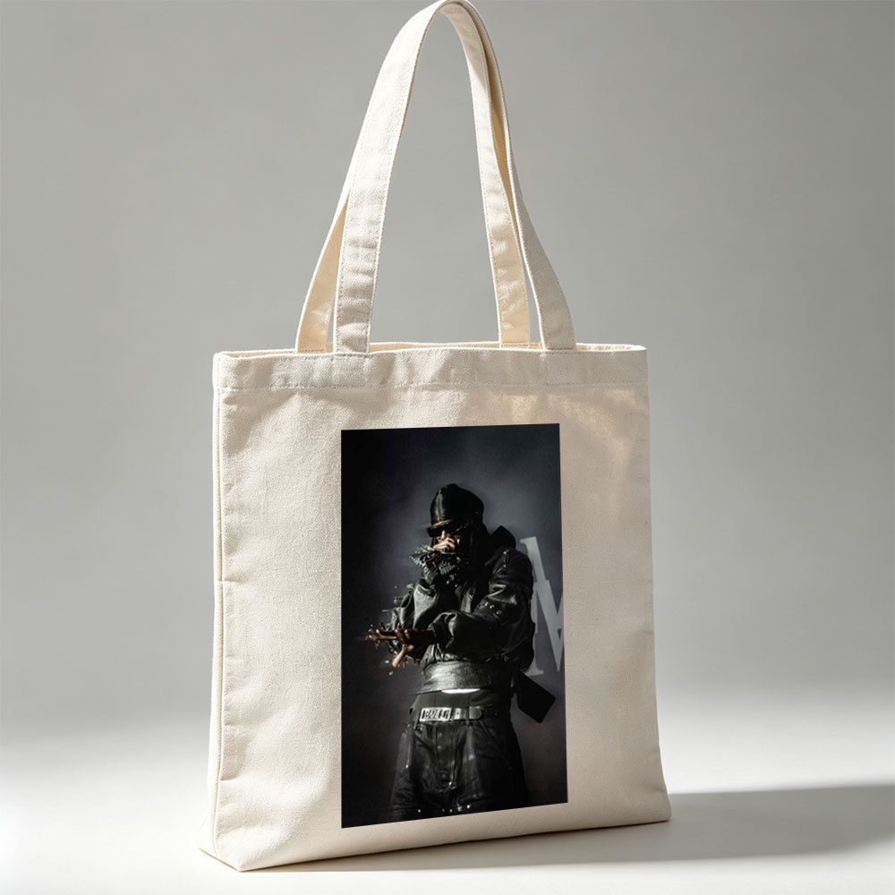 Migos in Performance: Rapper in All-Black Leather Outfit with Microphone on Stage - Canvas tote bags