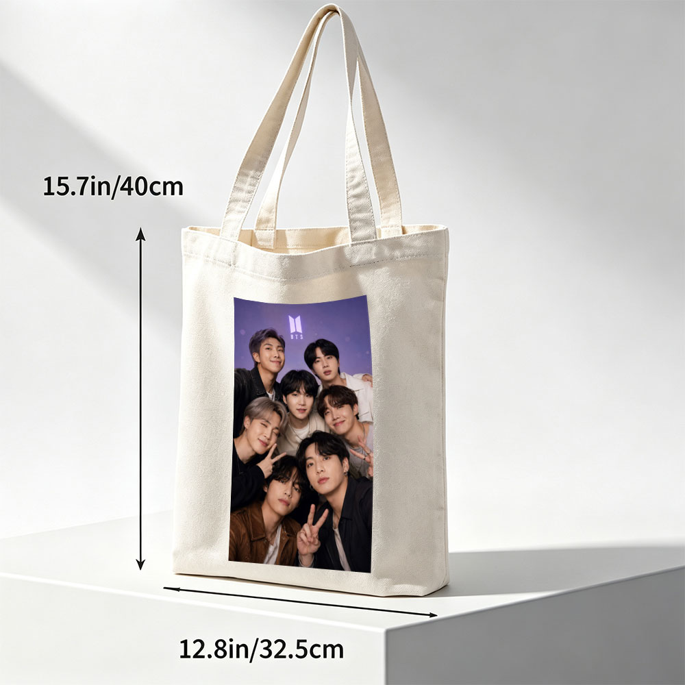 BTS Group Photo - Seven Members Posing Together with Peace Signs and Smiles Against a Purple Background - Canvas tote bags