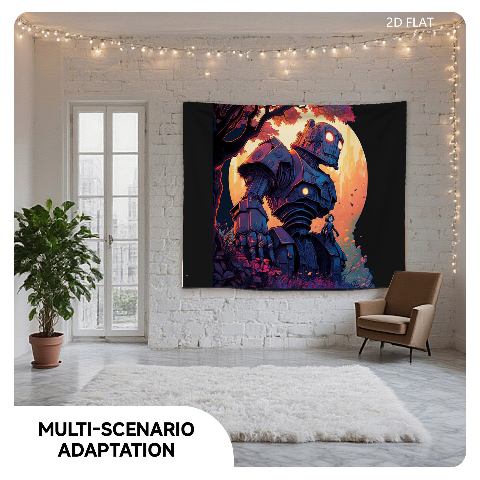 Giant Robot and Child in Autumn Forest at Sunset - Tapestry
