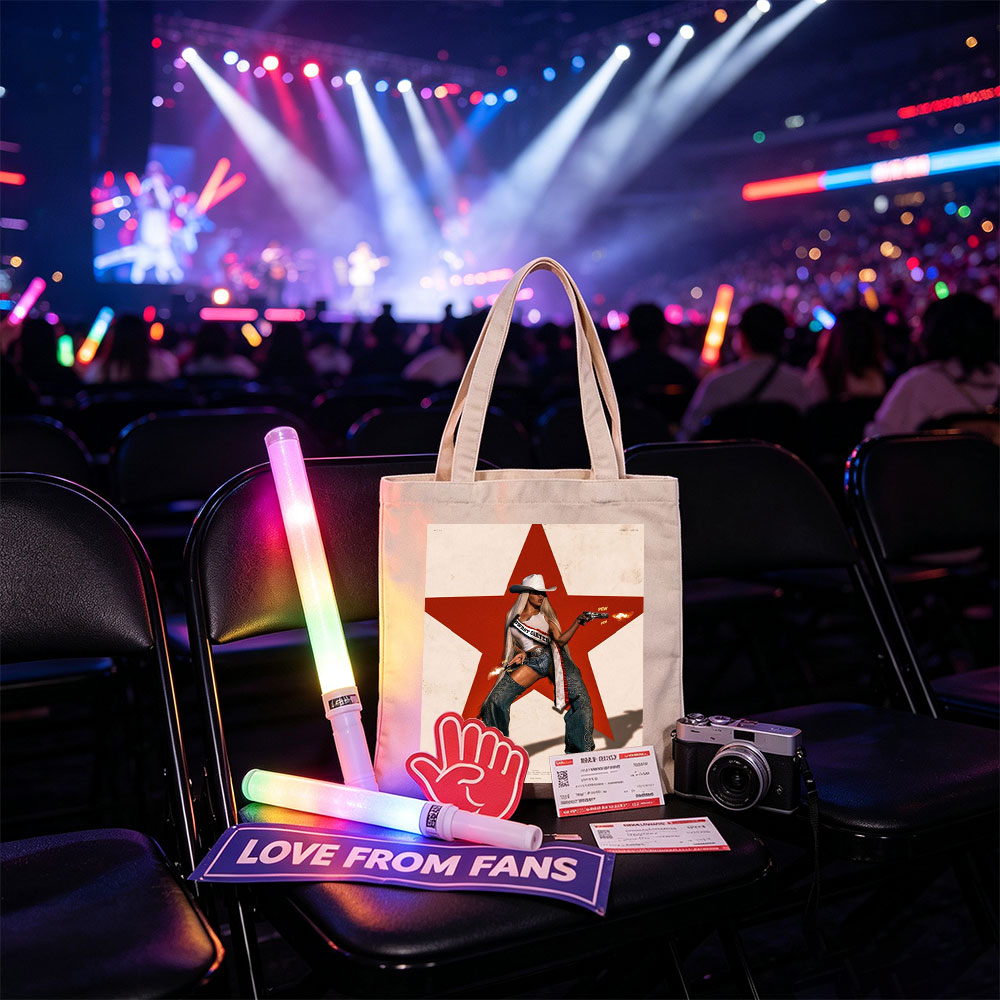 Cardi B in Cowboy Outfit Holding Guns Against Red Star Background - Canvas tote bags