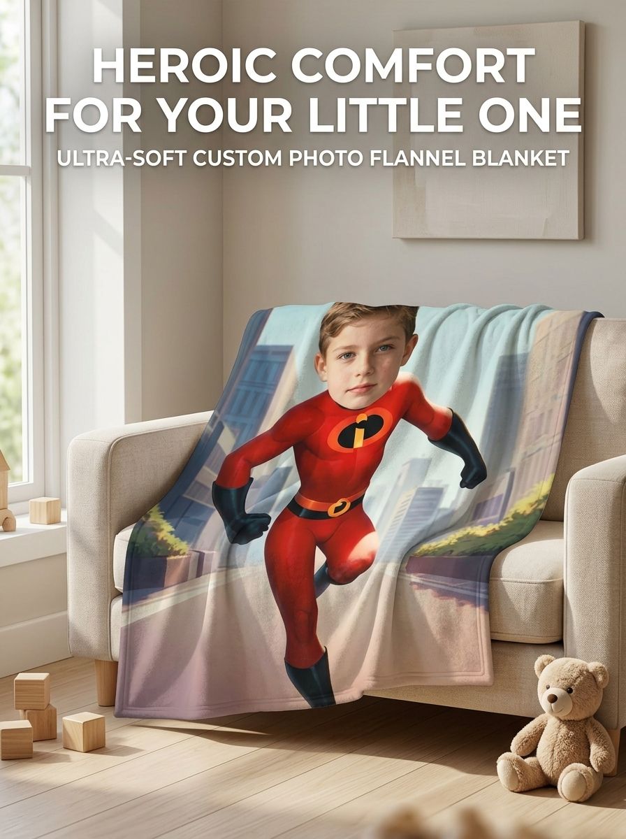 Personalized Superhero Face Photo Blanket Custom Ultra Soft Flannel Throw for Kids Bed Couch Cozy Keepsake Gift