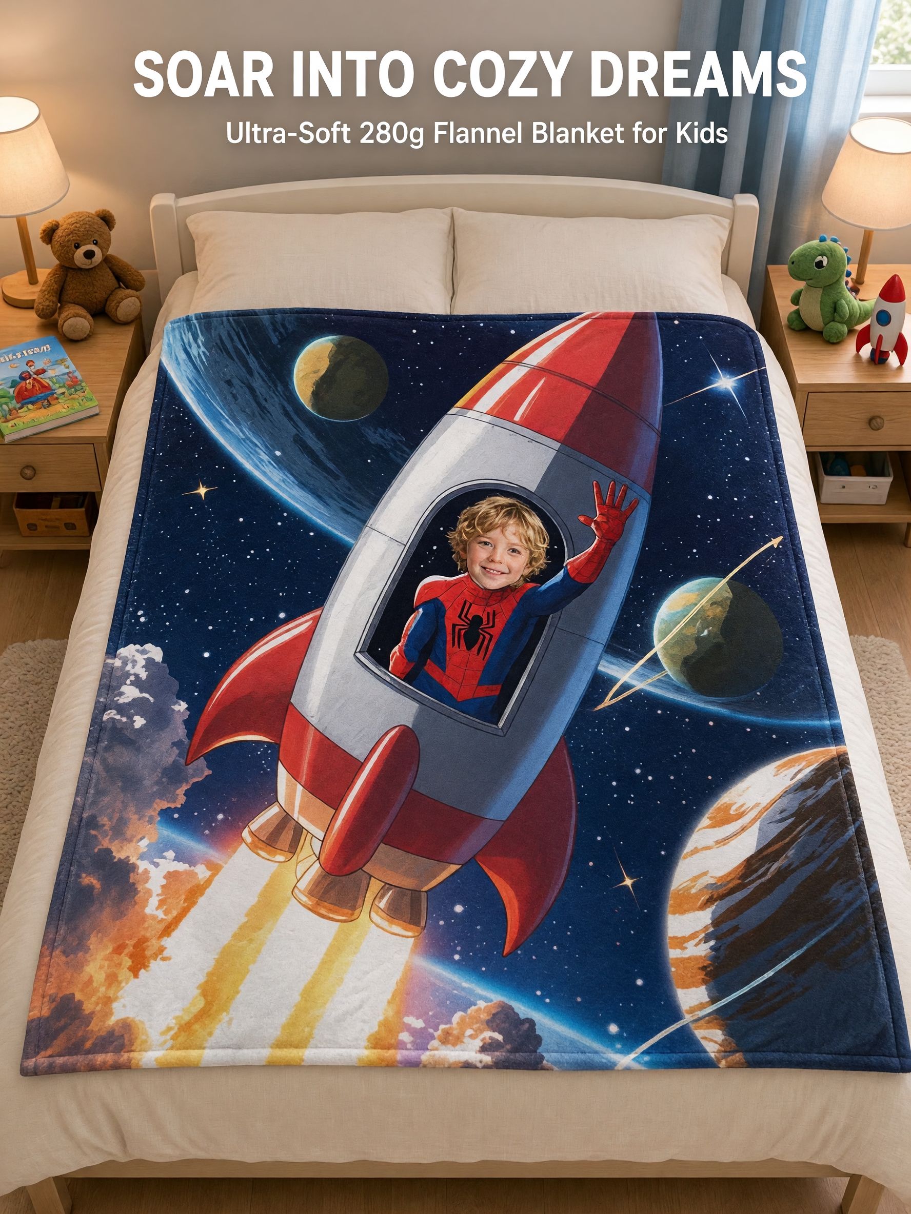 Custom Face Astronaut Rocket Blanket, Personalized Photo Plush Flannel Throw for Kids, Cozy Galaxy Bedding Gift
