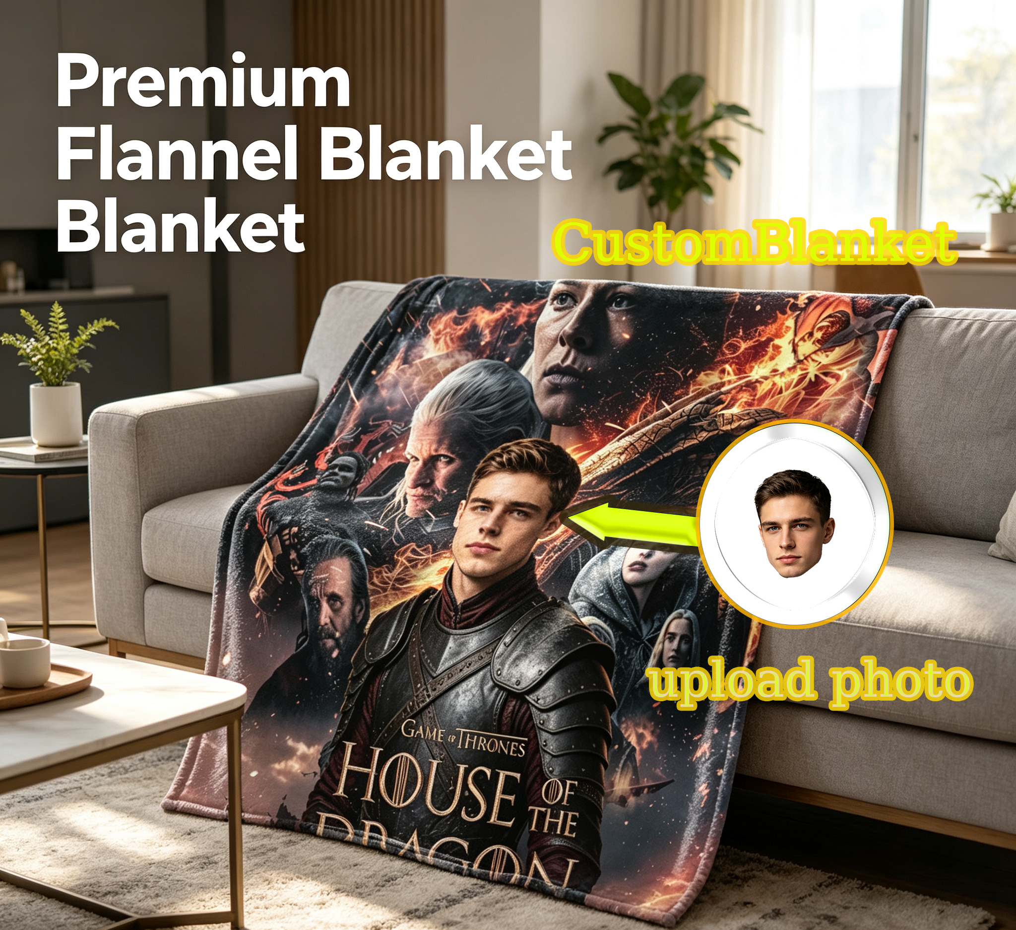 Custom Face Blanket House of the Dragon Flannel Blanket for Fans and Collectors – Perfect Gift or Giveaway for Game of Thrones Enthusiasts