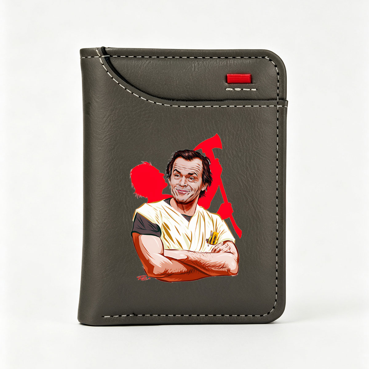 Jack Nicholson as the Joker, iconic villain from Batman, depicted in a stylized caricature with a menacing grin and chaotic red background. - Vertical Style Wallet