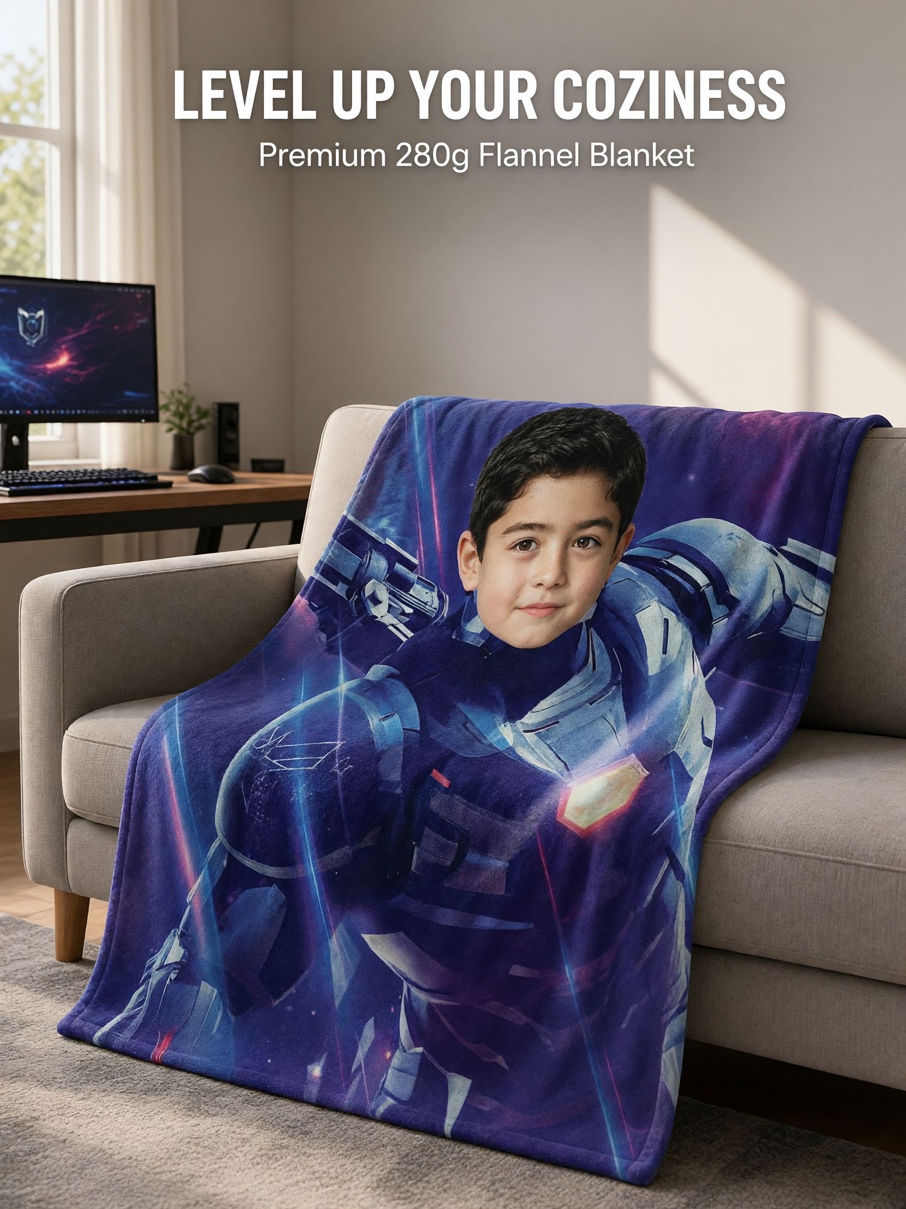 Personalized Photo Superhero Flannel Throw Blanket Custom Face Sci-Fi Armor Bedding Cozy Soft Plush Gift for Kids and