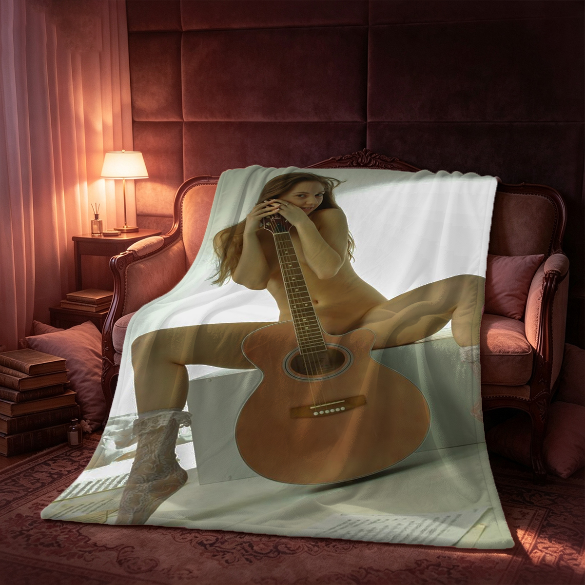 Blonde in sheer dress lounging on wicker sofa with flowers on floor. - Blanket