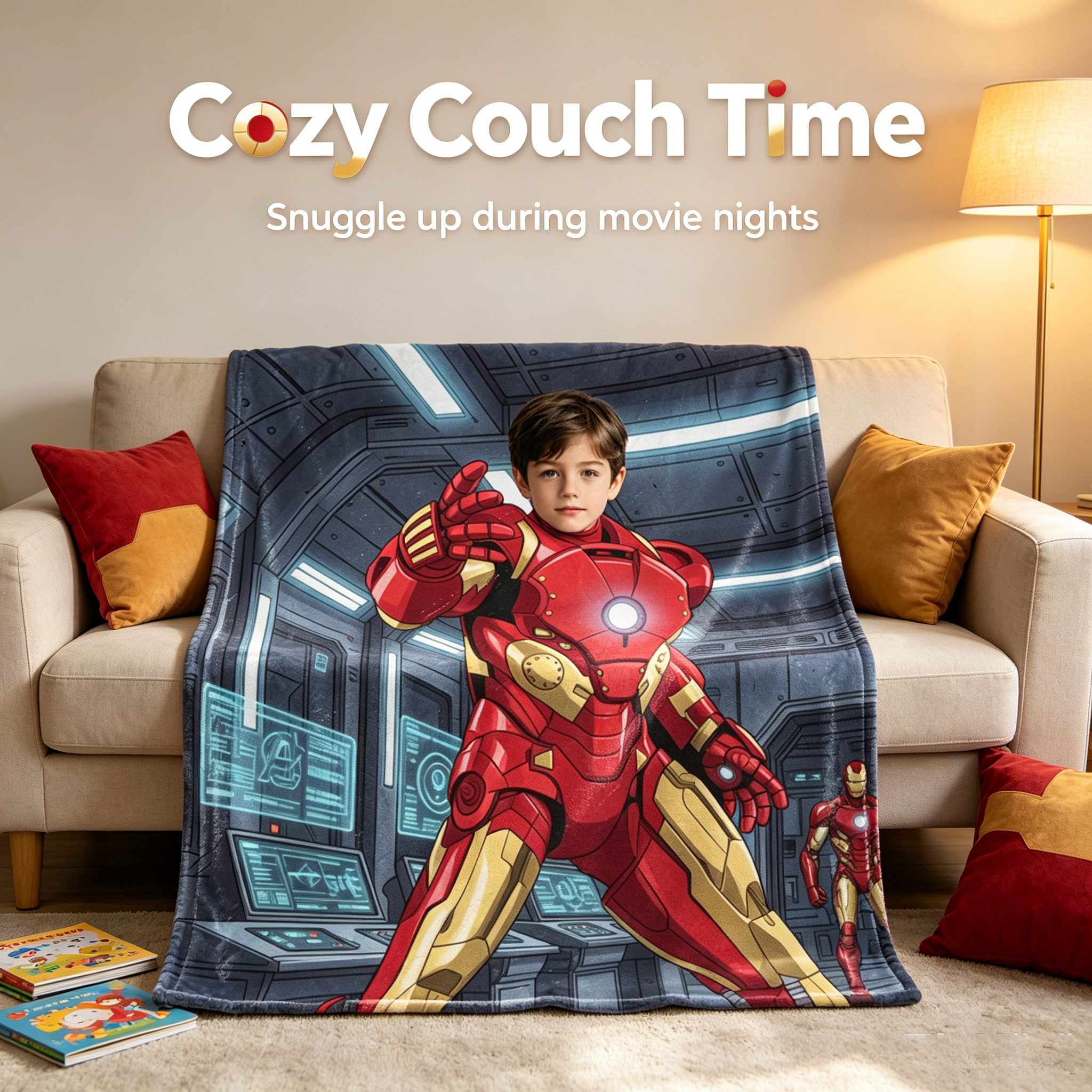 Custom Iron Man Photo Blanket, Personalized Kids Blanket Upload Photo, 280g Thick Flannel Throw Blanket, Superhero Custom Portrait Blanket, Birthday Holiday Gift for Boys