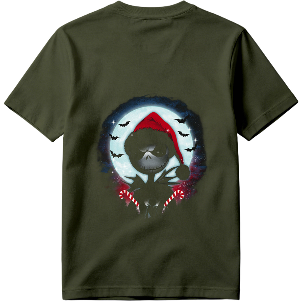 Jack Skellington in Santa Hat with Candy Canes Against Moonlit Sky - Tee