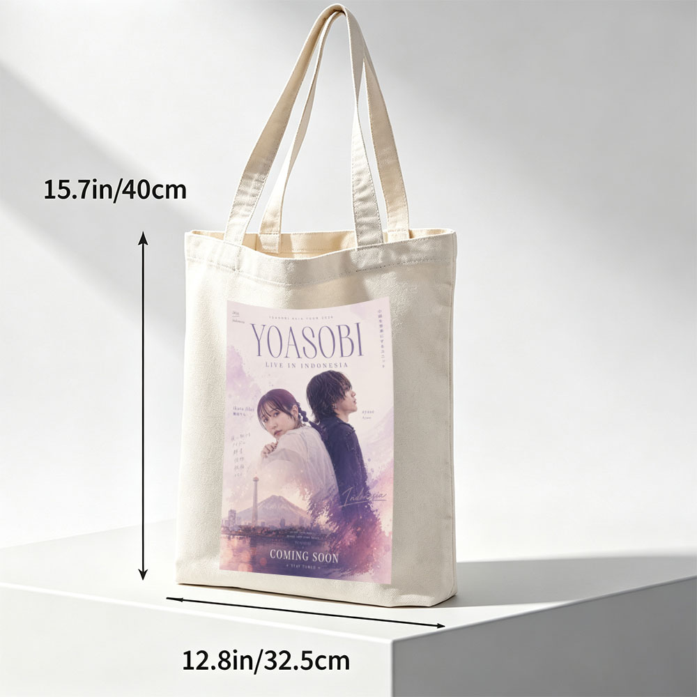 YOASOBI Live in Indonesia Concert Poster Featuring Ikuta Lilas and Ayase with Mount Fuji and Cityscape Background - Canvas tote bags
