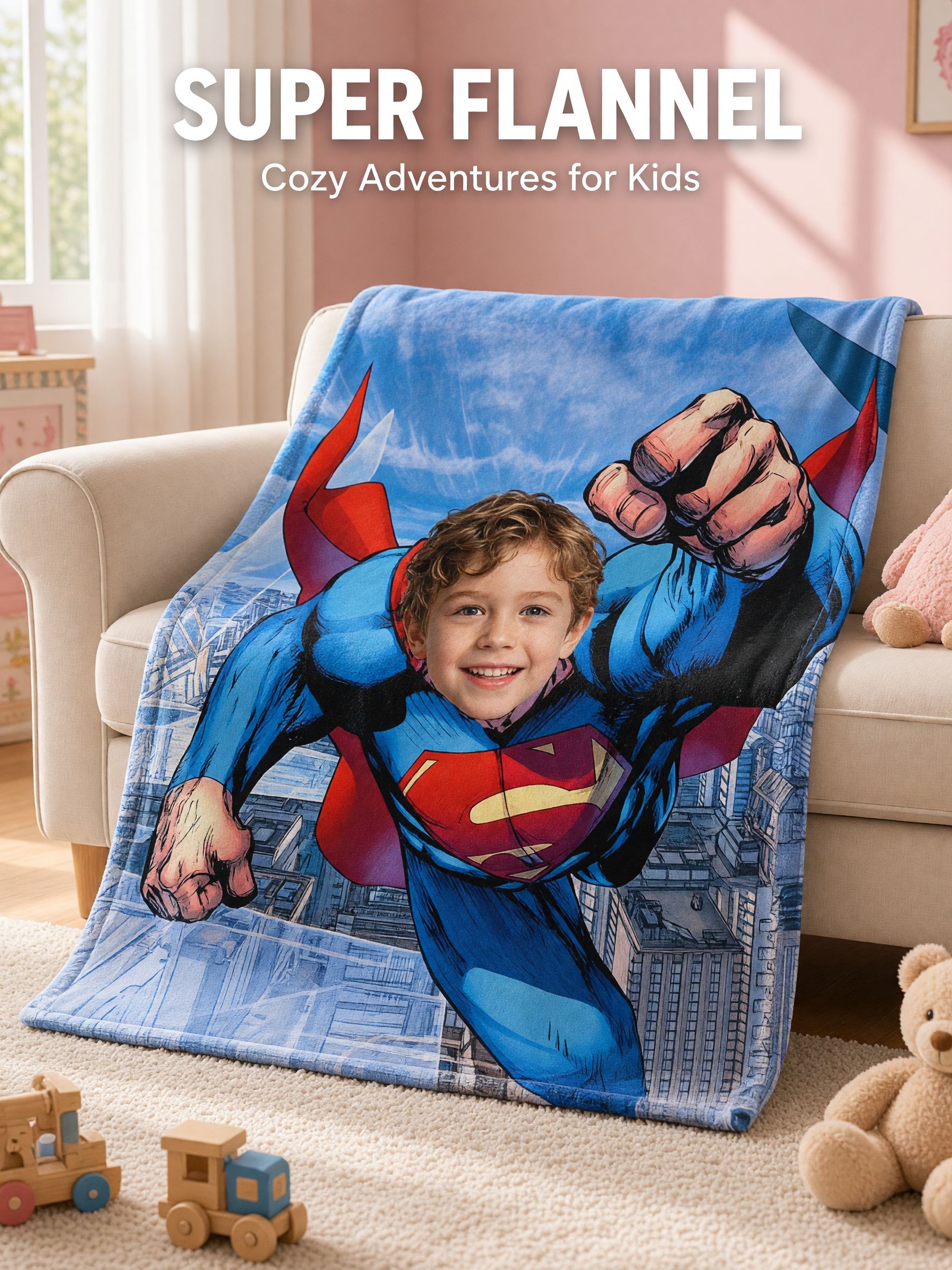 Personalized Superhero Photo Face Flannel Blanket Custom Cozy Fleece Throw Keepsake Gift for Kids and Family
