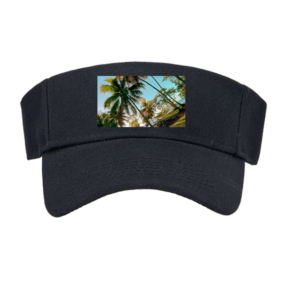 Tropical palm trees sway under a clear blue sky, casting golden shadows on the ground. -  Visor cap